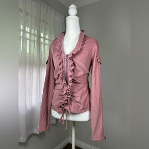 Nathalie Garçon Dusty Rose Corduroy Ruffled Full Zip Long Sleeve Shirt